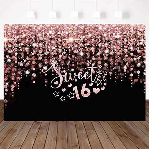 Mocsicka Rose Gold Sweet 16 Backdrop Bokeh Glitter Sweet Sixteen Birthday Background Shiny Rose Gold Dots Girls 16th Birthday Party Cake Table Decoration Photo Booth Props 7x5ft