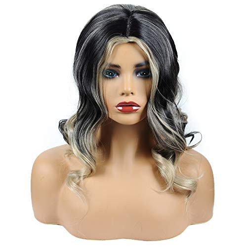 Short Bob Wavy Curly Wig 14 inch Synthetic Wavy Wigs Shoulder Length Wigs for Women Costume Wigs for Daily Cosplay Use 14 Inch Black with Blonde