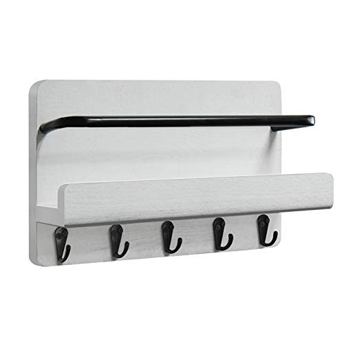 Rustic White Mail and Key Holder for Wall Wood Mail Sorter Key Hooks with Shelf for Keys Letters Bills Key Holder for Wall Decorative Home Decor and Storage Shelf for Entryway Hallway Kitchen