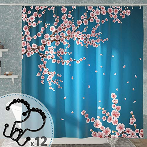 DESIHOM Cherry Blossom Floral Shower Curtain with 12 Rust-Resistant Metal Double Glide Shower Hooks Flower Shower Curtain Polyester Waterproof Set 72x72 Inch