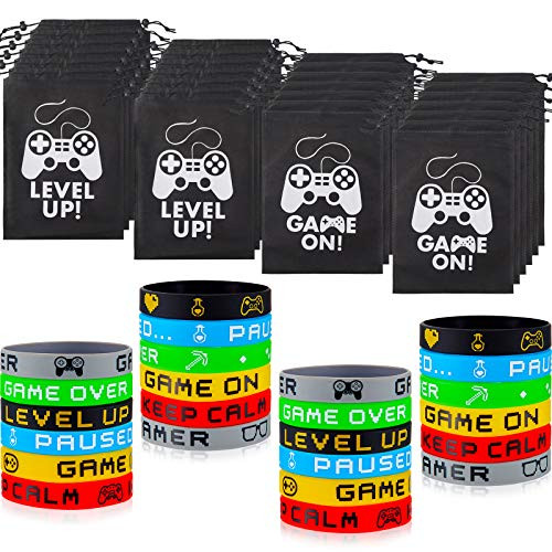 Hicarer 48 Pieces Video Game Party Supplies 24 Game Drawstring Bags and 24 Game Wristbands Party Decorations Party Favors Supplies for Boys Birthday and Game Themed Party