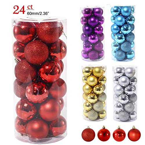LancerPac 24ct Christmas Ball Ornaments Shatterproof Christmas Hanging Tree Decorative Balls Party Holiday Wedding Decor Red, 2.36",60mm