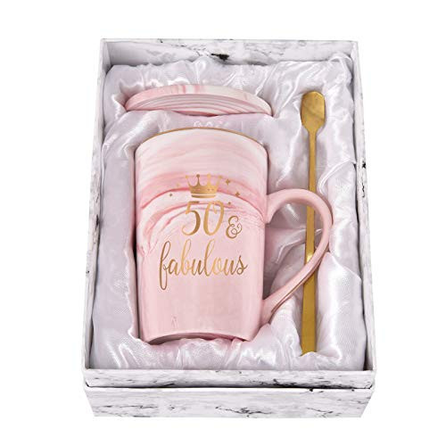 50th Birthday Coffee Mug - 50th and Fabulous Coffee Mug - 50th Anniversary for Her - Coffee Mug for Women Mom Wife - Pink Marble Mug with Spoon Coaster Box 14 Oz