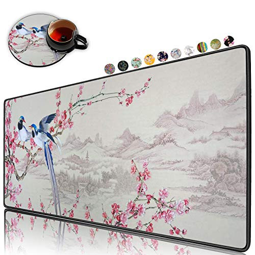 Extended Gaming Mouse Pad and Coaster Large Non-Slip Rubber Base Mousepad with Stitched Edges Waterproof Mouse Mat Desk Pad for Work Game Office Home -Plum Blossom