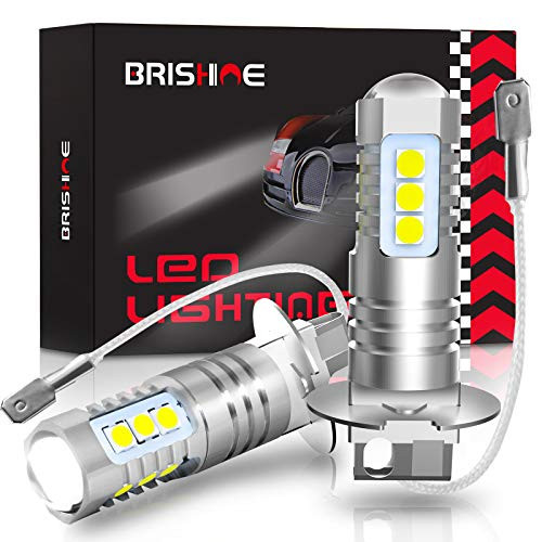 BRISHINE H3 LED Fog Light Bulbs 6000K Xenon White Extremely Bright 3030 Chips H1 LED Bulbs with Projector for Car Fog Lights Daytime Running Lights DRLPack of 2