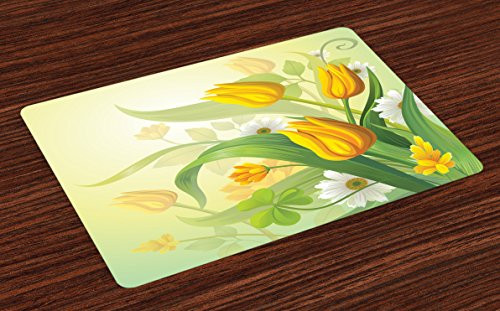 Lunarable Tulip Place Mats Set of 4, Tulips and Chamomiles Bouquet against Wind Fresh Botanical Spring Field Picture, Washable Fabric Placemats for Dining Room Kitchen Table Decoration, Green Yellow