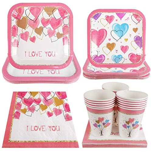 Valentine Party Supplies Pack Serving 16 Guests Including Dinner Plates Luncheon Napkins and Cups Supply Tableware Set Kit for Valentines Day Wedding Anniversary Party Decorations Favors