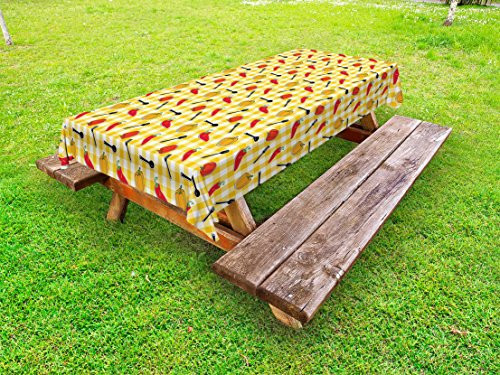 Lunarable Food Outdoor Tablecloth, Checkered Squares Pattern with Chili and Bell Peppers Plastic Spatula Spoon Cooking, Decorative Washable Picnic Table Cloth, 58 X 84 Inches, Multicolor