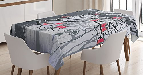 Winter Tablecloth by Ambesonne, Cute Bullfinches on Trees Winter City Park Snow Cold Weather Immigrant Birds Design, Dining Room Kitchen Rectangular Table Cover, 60 W X 84 L Inches, Grey Coral