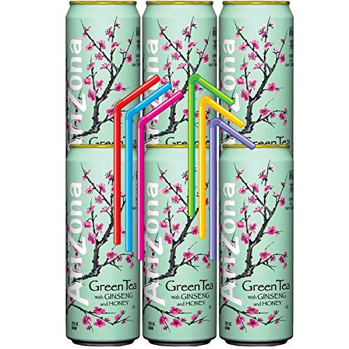 Arizona Green Tea Ginseng and Honey 23 Ounce Tall Cans 6 Pack with Colorful Drinking Straws