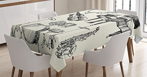 Jazz Music Decor Tablecloth by Ambesonne, Collection of Musical Instruments Sketch Style Art with Trumpet Piano Guitar , Dining Room Kitchen Rectangular Table Cover, 60 X 84 Inches