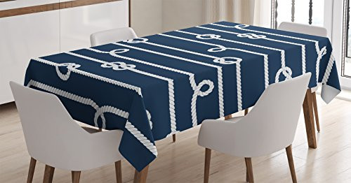 Navy Blue Decor Tablecloth by Ambesonne, Horizontal Marine Knots Ropes Figures Undone Bowline on the Bight Sailor Theme Image, Dining Room Kitchen Rectangular Table Cover, 60 X 90 Inches