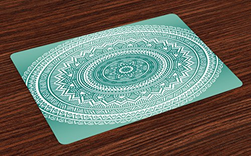 Ambesonne Teal Ombre Place Mats Set of 4, Mandala Pattern Boho Style Floral Dots and Stripes with Petals Ethnic Print, Washable Fabric Placemats for Dining Room Kitchen Table Decor, Teal and White