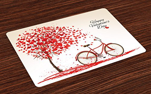 Ambesonne Valentines Day Place Mats, Romantic Tree with Blooming Love Hearts with Bike and Petals Vintage, Washable Fabric Placemats for Dining Room Kitchen Table Decor, Cream Vermilion