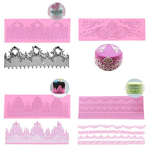 Kani Silicone Lace Mold 4PCS Cake Lace Mat Lace Fondant Molds Lace Fondant Mat Flower Pattern Embossed Sugar Craft Tools Cake Decorating Supplies Pink