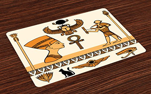 Ambesonne Egyptian Place Mats Set of 4, Historical Ancient Symbols Set with Nefertiti Profile Antique Artwork, Washable Fabric Placemats for Dining Room Kitchen Table Decor, Ivory Marigold Black