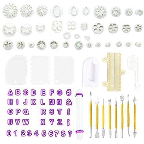 LGCBO 91 Pcs Fondant Molds Fondant Cutters Icing Plunger Cake Cookie Cutter Sugarcraft Rose Daisy Sunflower Leaf Butterfly Heart Shape Homemade Cake Decorating Tools Molds