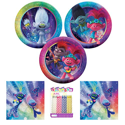 Trolls Word Tour Party Supplies Pack Serves 16 7 Plates and Beverage Napkins with Birthday Candles Bundle for 16