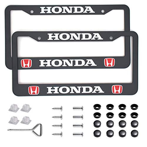 2pcs License Plate Frames for Honda - 2 Holes Premium Black Aluminum Alloy Metal Honda Logo License Plate Cover Holder Compatible All Vehicle License Plate Tag Cover
