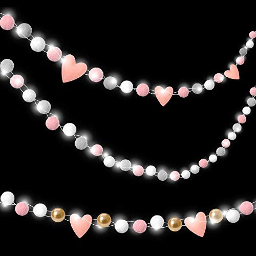 3 Pieces Valentines Day Pom Pom Garlands Felt Ball Garlands Heart Hanging Felt Garland Felt Wool Ball Banner with String Lights Colorful Felt Pom Pom Ball Heart Banners for Party Home Decoration
