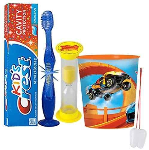 Hot Wheels Inspired 4pc Bright Smile Oral Hygiene Set! Flashing Lights Toothbrush, Toothpaste, Brushing Timer & Mouthwash Rinse Cup! Plus Bonus "Remember To Brush" Visual Aid!