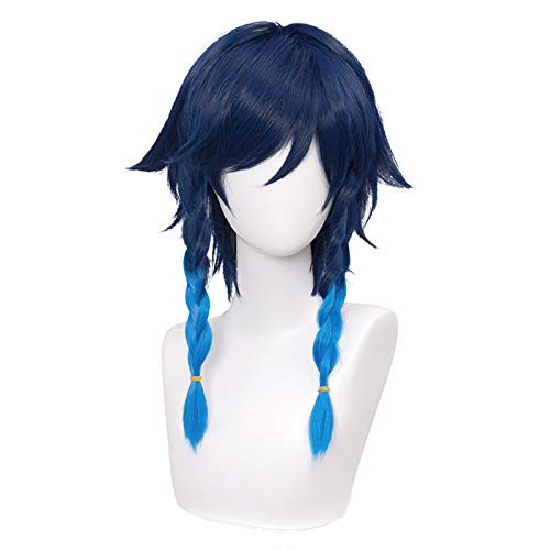 SL Navy Blue Wig for Venti Genshin Impact Game 2 Tone Anime Cosplay Hair Wigs with Braids Ponytails Bangs Cap Dark Blue SL Navy Blue Wig for Venti Genshin Impact Game 2 Tone Anime Cosplay Hair Wigs with Braids Ponytails Bangs Cap Dark Blue