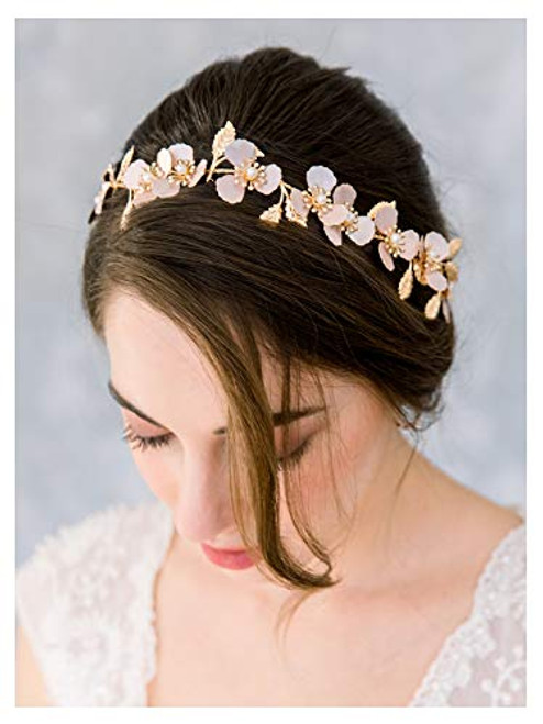 SWEETV Flower Wedding Headpieces for Bride Flower Girl Bridal Headband Gold Handmade Hair Vine Wedding Hair Accessories
