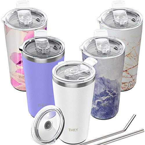 Vacuum Insulated Tumbler Stainless Steel - THILY 20 oz Coffee Cup with 2 Lids and Straws Powder Coated Travel Mug Keeps Ice Drinks Cold White