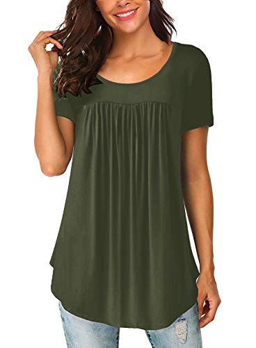 Yidarton Womens Scoop Neck Pleated Blouse Solid Color Tunic Tops Shirts X-Large Army Green
