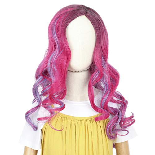 Missuhair Kids Size Girls Wig - Long Wavy Pink Mixed Blue Halloween Costume Party Wig Black Roots