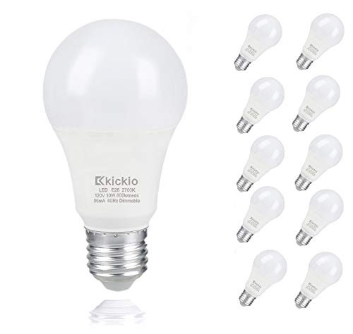Kickio A19 Led Light Bulbs 10 Watt60 Watt Equivalent 2700K Soft White Dimmable 800 Lumens E26 Medium Base UL Listed Pack of 10