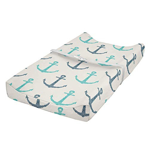 Lunarable Nautical Baby Pad Cover Line Art Hand Drawn Anchors Minimalism Inspired Maritime Pale Toned Image Changing Table Topper Slipcover Soft  and  Gentle Printed Sheet Blue Seafoam