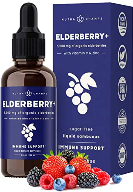 Organic Elderberry Syrup 5000mg Strength Plus Zinc  and  Vitamin C Liquid Extract for Kids  and  Adults - Immune System Support - Vegan Sambucus Nigra Antioxidant Drops Supplement - Berry Flavor 2oz