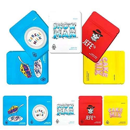 50 pieces 5 patterns and colors Mylar Bags 3_5g Stand-up Ziplock Foil Bags wIth Holo Stickers and LabelsSmellproof Ziplock Resealable Mylar Bags