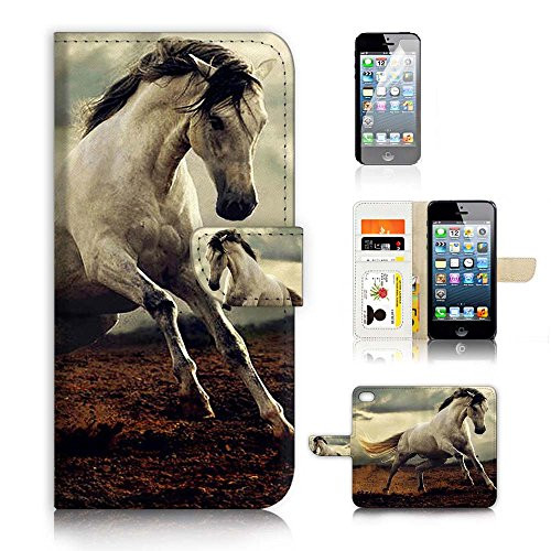 ( For iPhone 5 5S / iPhone SE ) Flip Wallet Case Cover and Screen Protector Bundle A9521 Horse