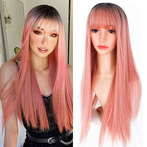 EVLYNN Pink Straight Wigs With Air Bangs Dark Rooted Ombre Pink Hair Heat Resistant Synthetic Fiber Glueless Wig 26 Inches Long Full Machine Wigs For Women