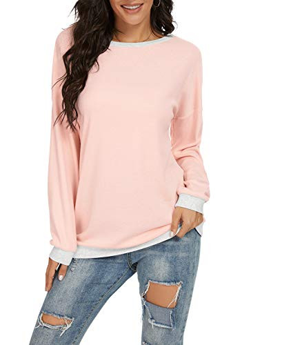 JINKESI Womens Casual Long Sleeve Color Block Round Neck Loose Fit Blouses T Shirts Sweatshirts Pullover Tops Shirts Light Pink-X-Large