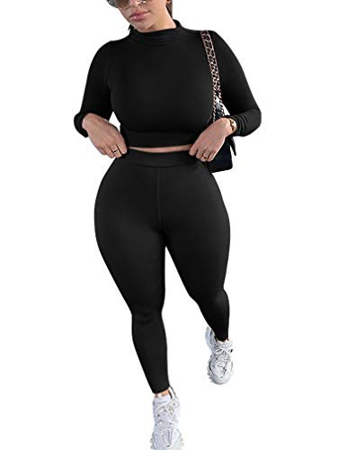 LAGSHIAN Womens Casual 2 Piece Outfit Long Sleeve Crop Top High Waist Pant Jumpsuit Set Black