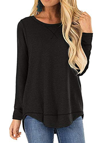 LANREMON Womens Casual Crewneck Tops Cotton Fall Long Sleeve T-Shirt Side Split Loose Tunic Top Black M