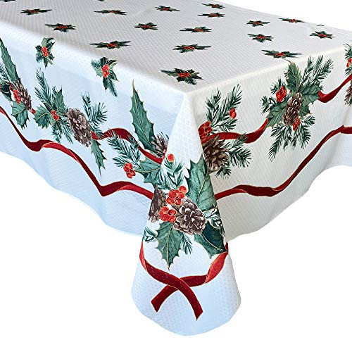 Lintex Evergreen Garland Double Ribbon Bordered Cottage Christmas Tablecloth Holly and Pine Cone Country Xmas Holiday Easy Care Fabric Tablecloth 60 Inch x 144 Inch OblongRectangle
