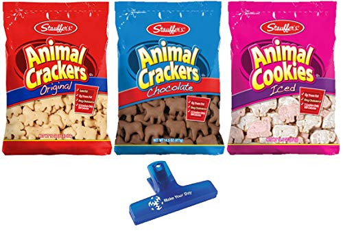 Stauffers Animal Crackers Original Chocolate and Iced Cookies One 14_5-16 Ounce Bag of Each Pack of 3 - with Make Your Day Bag Clip