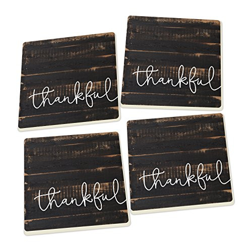 P. Graham Dunn Thankful Script Design Distressed Black Wood Look Set of 4 Ceramic Coaster Pack