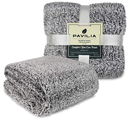PAVILIA Plush Sherpa Throw Blanket for Couch Sofa  Fluffy Microfiber Fleece Throw  Soft Fuzzy Cozy Shaggy Lightweight  Solid Heather Grey Blanket  50 x 60 Inches