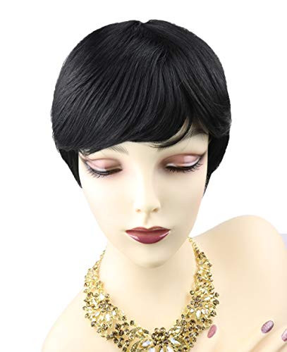 Plufa Short Straight Human Hair Wig Pixie Cut Wigs for Women Natural Looking Daily Use Wig for Madam with BangsBlack