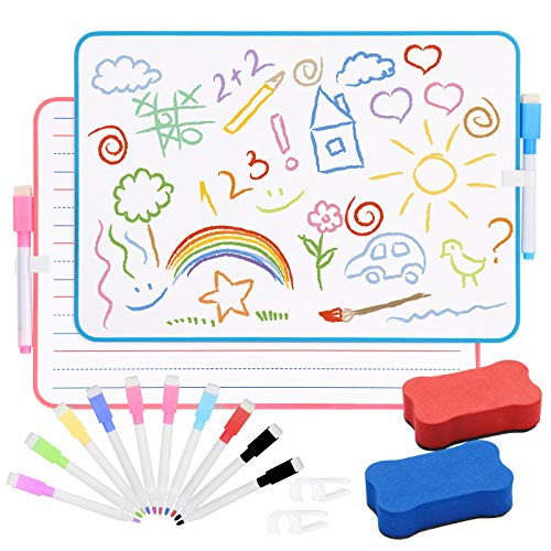 Small Dry Erase White Board for Kids ? Ruled Dry Erase Lapboard with 10 Markers Whiteboard Erasers and Marker HoldersKids Lined Board for Learning Writing Double Sided 11_8 x 8_3 2 Pack