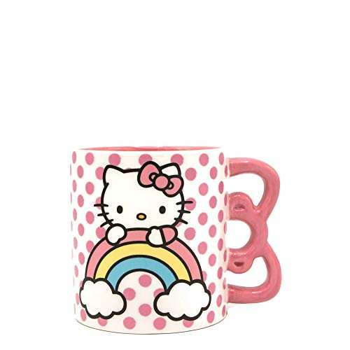 Silver Buffalo Hello Kitty Rainbow Dots Shaped Handle Ceramic 3D Sculpted Mug 20 Oz Pink
