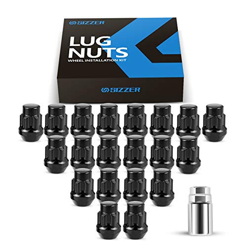 SIZZER M12x1_5 Lug Nuts 1_26 Long 5 Spline Bulge Acorn Aftermarket 12mmx1_5 Wheel Lug Nut Black Finish Set of 20  Socket Key