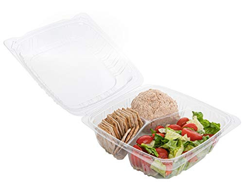 Smygoods Plastic Clamshell Take Out Food Containers 3-Compartment to go Containers Hinged Food Container 50 Pack Size 8x 8 x 338