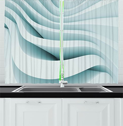 Abstract Decor Kitchen Curtains by Ambesonne, Ice Blue Colored Modern Geometric Designed Ocean Waves Inspired Artwork, Window Drapes 2 Panels Set for Kitchen Cafe, 55W X 39L Inches, Light Ice Blue