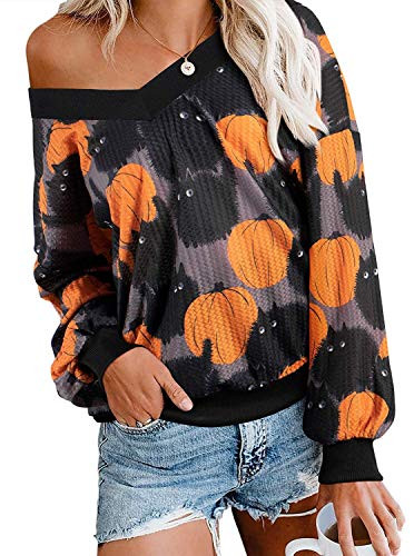 Pullover Sweater for Women Off Shoulder Long Sleeve V Neck Waffle Knit Tops Halloween Pumpkin Cat XX-Large